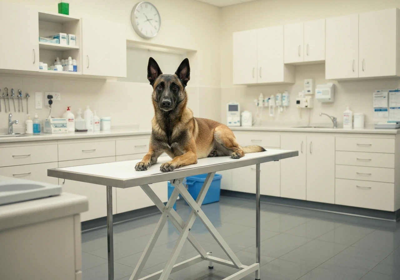 Belgian Malinois during veterinary health evaluation, representing the health testing requirements that AKC standard reform advocates propose