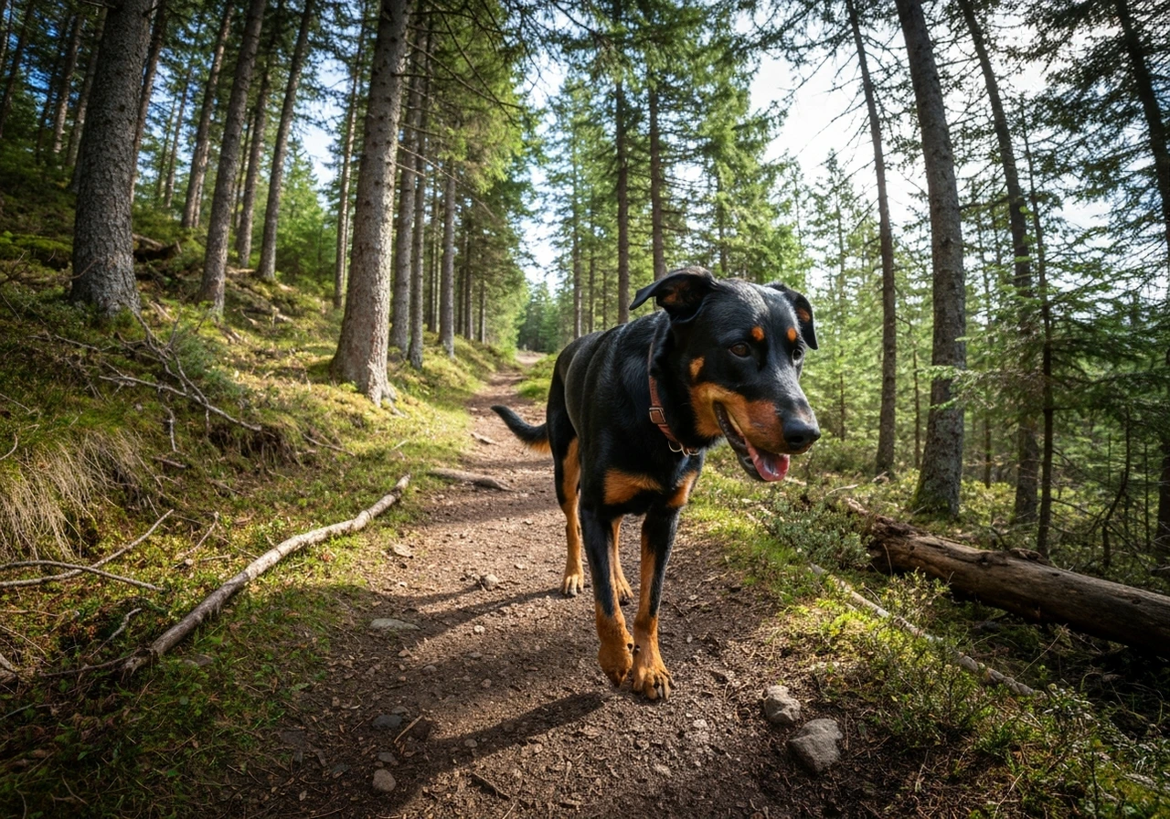 Working dog on outdoor trail showcasing endurance and natural movement in a real-world working environment