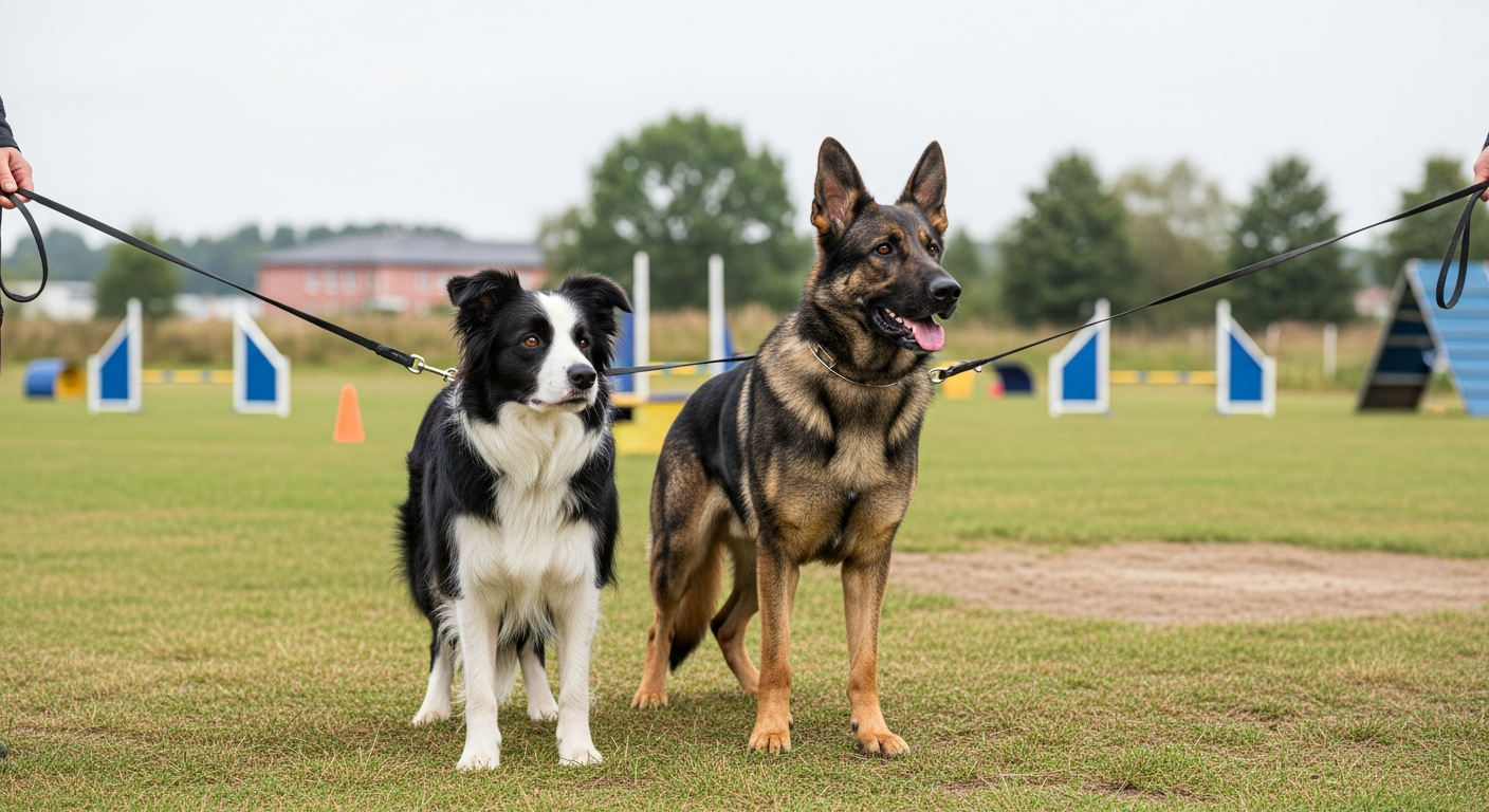 Border Collie and German Shepherd standing side by side on working ground representing UK and continental registry traditions