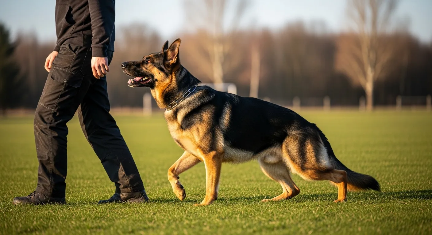 Working dog demonstrating focused obedience and drive during a formal working title evaluation on a training field