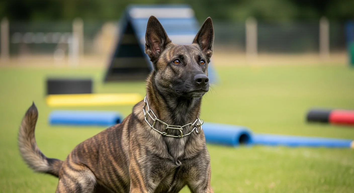 Dutch Shepherd brindle-coated working dog in focused tracking position demonstrating the drive and focus the breed is known for