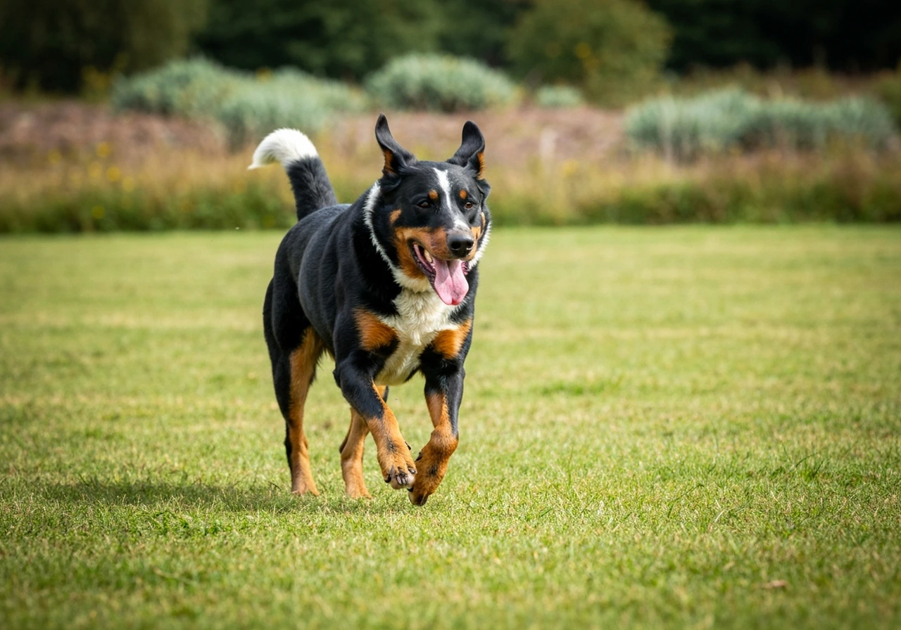 Herding breed dog running at full speed across open ground demonstrating the athletic ability and drive that define working herding dogs
