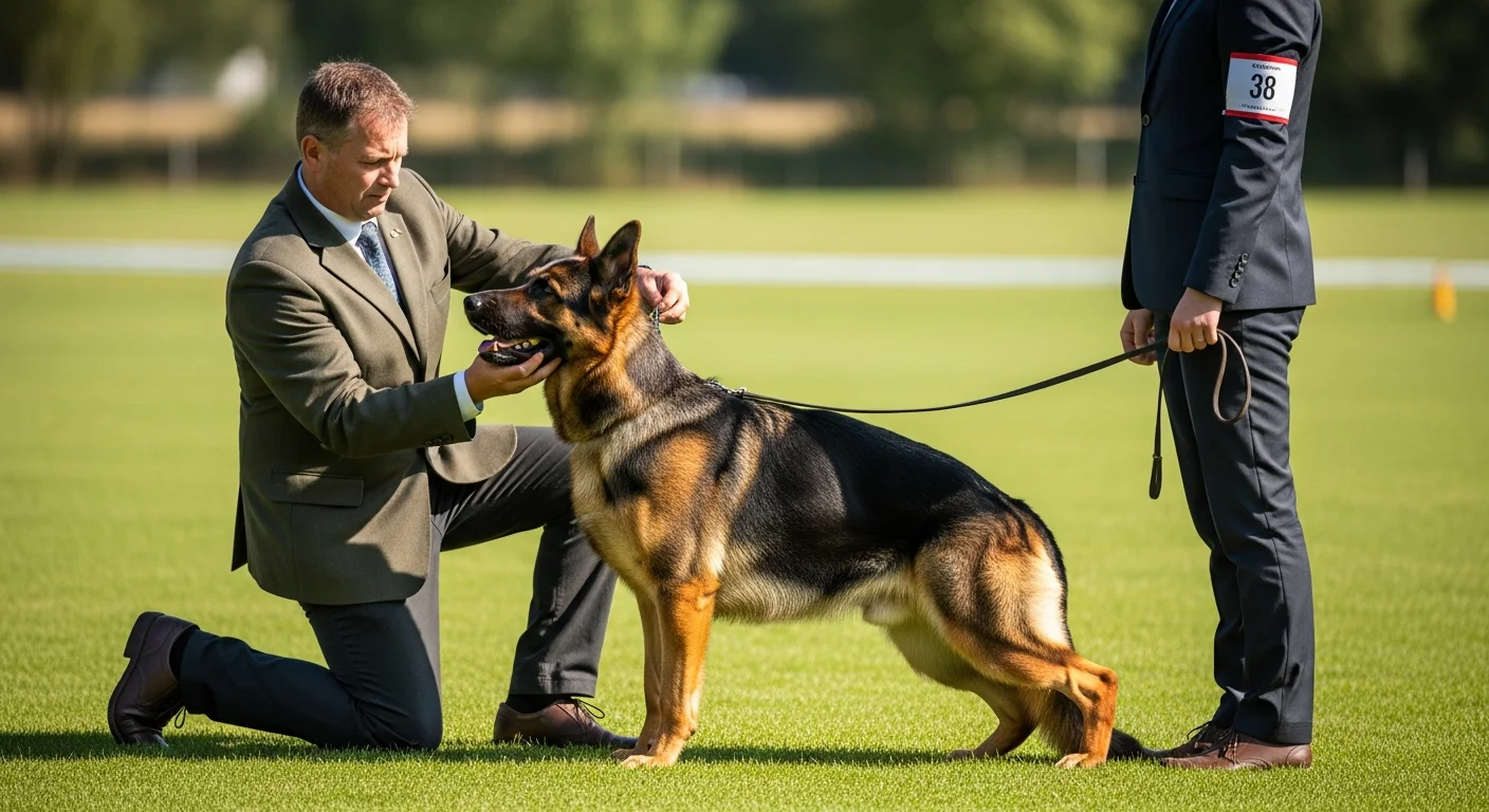 Working dog being evaluated during a formal breed survey by a licensed judge examining conformation and movement on a training field