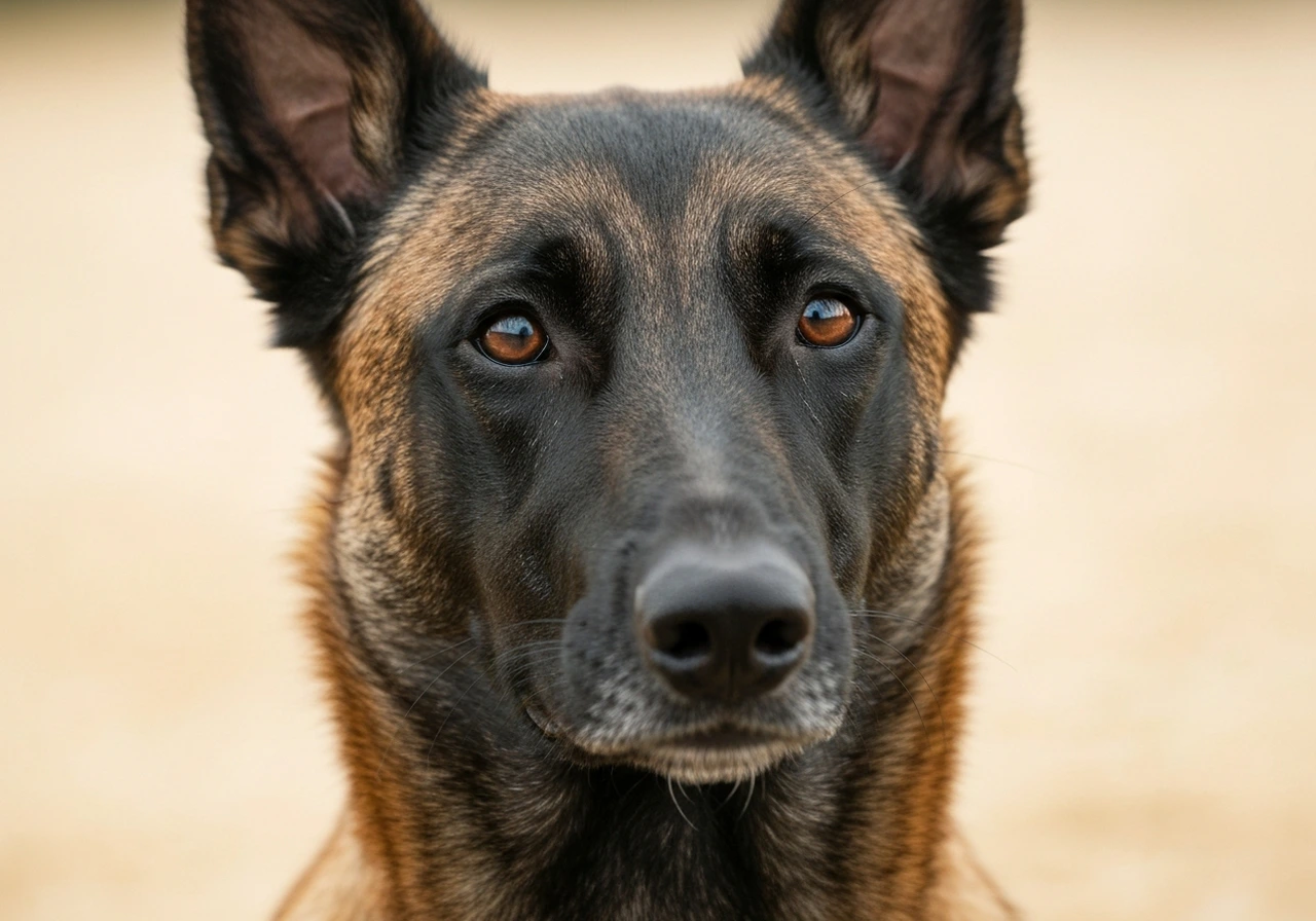 Belgian Malinois in alert working posture showcasing breed standard proportions and athletic build