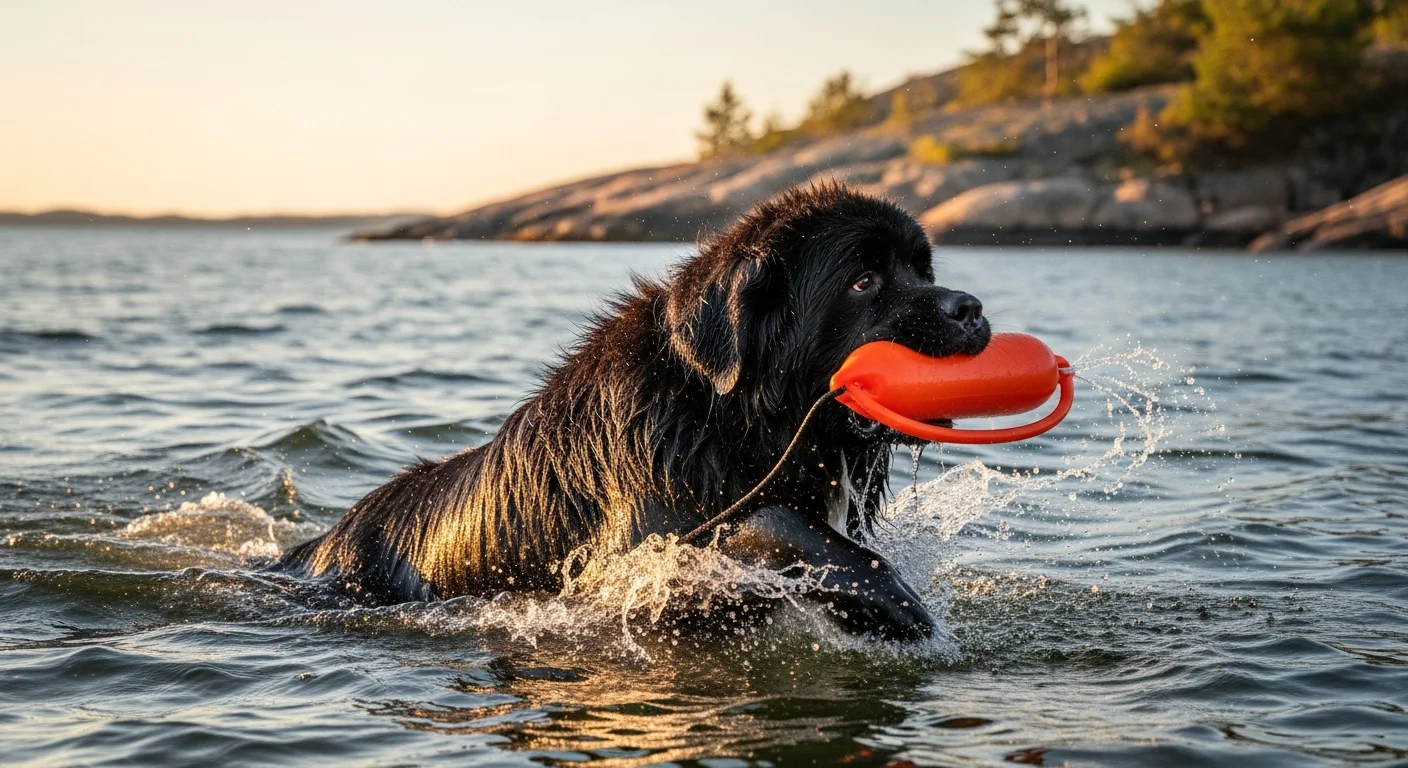 Newfoundland dog in water performing a rescue exercise demonstrating the breed's powerful swimming ability and natural affinity for water work
