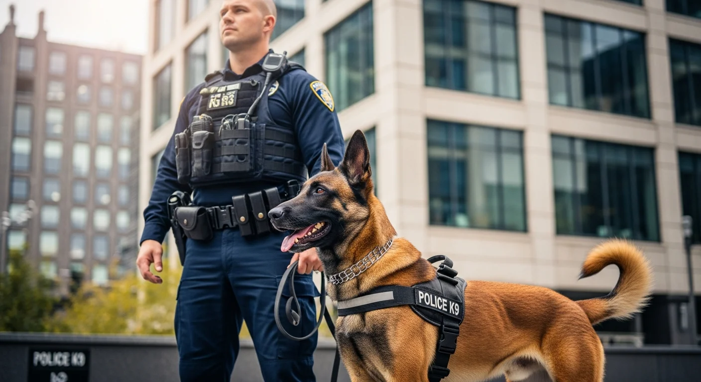 Belgian Malinois police dog demonstrating focus and drive during a formal selection evaluation at a working dog assessment facility