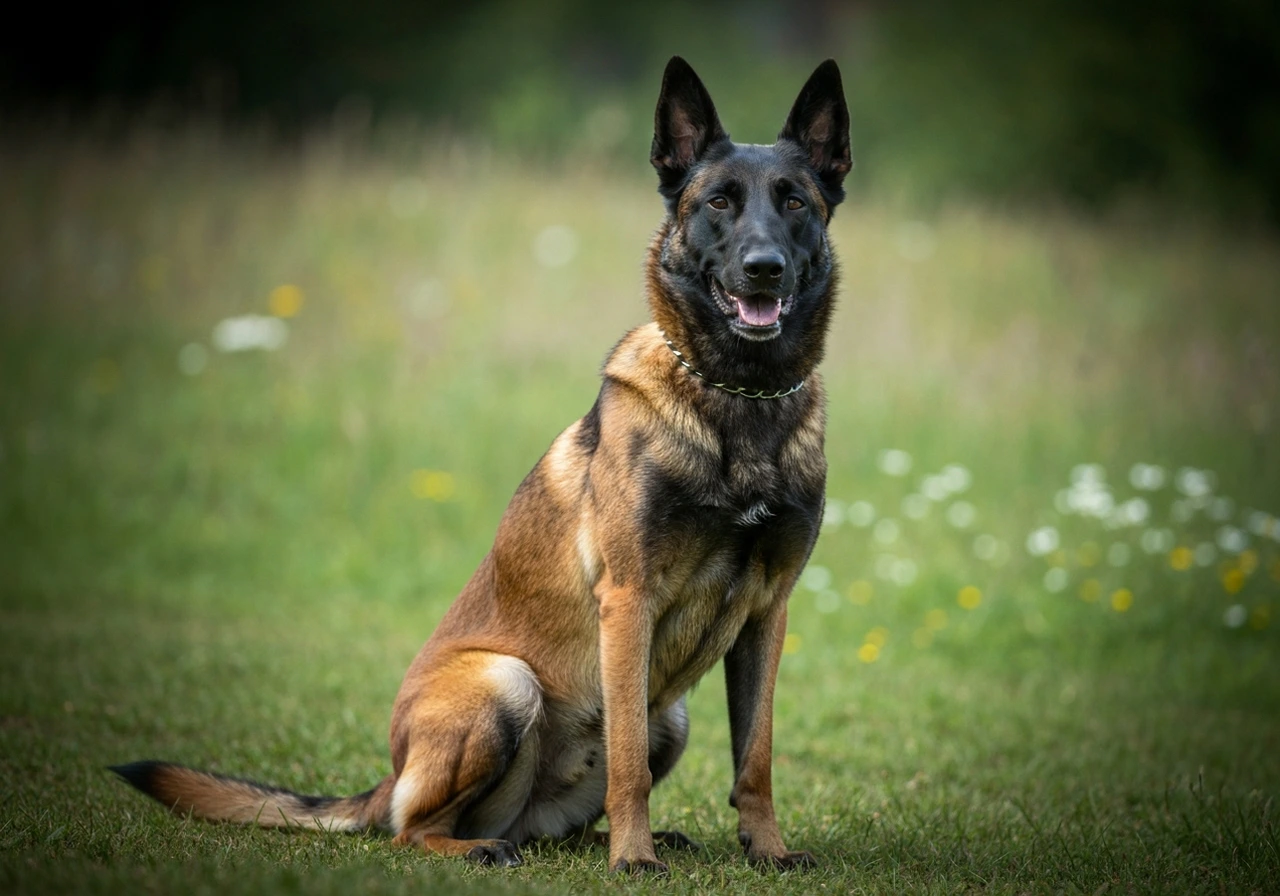 Belgian Malinois in obedience sit position during working dog training session demonstrating focus and handler engagement