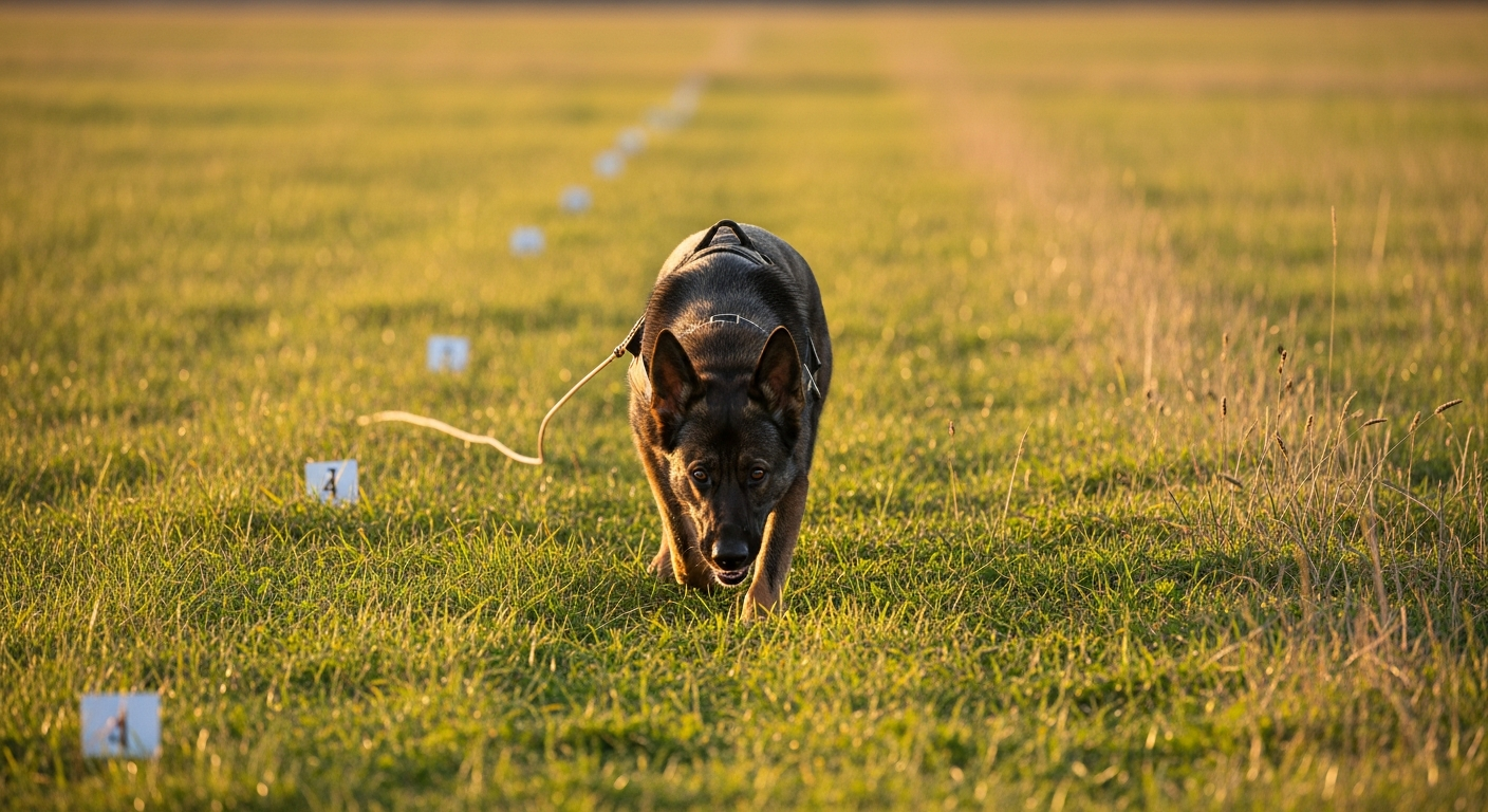 Working German Shepherd performing tracking phase of an IGP evaluation in a field