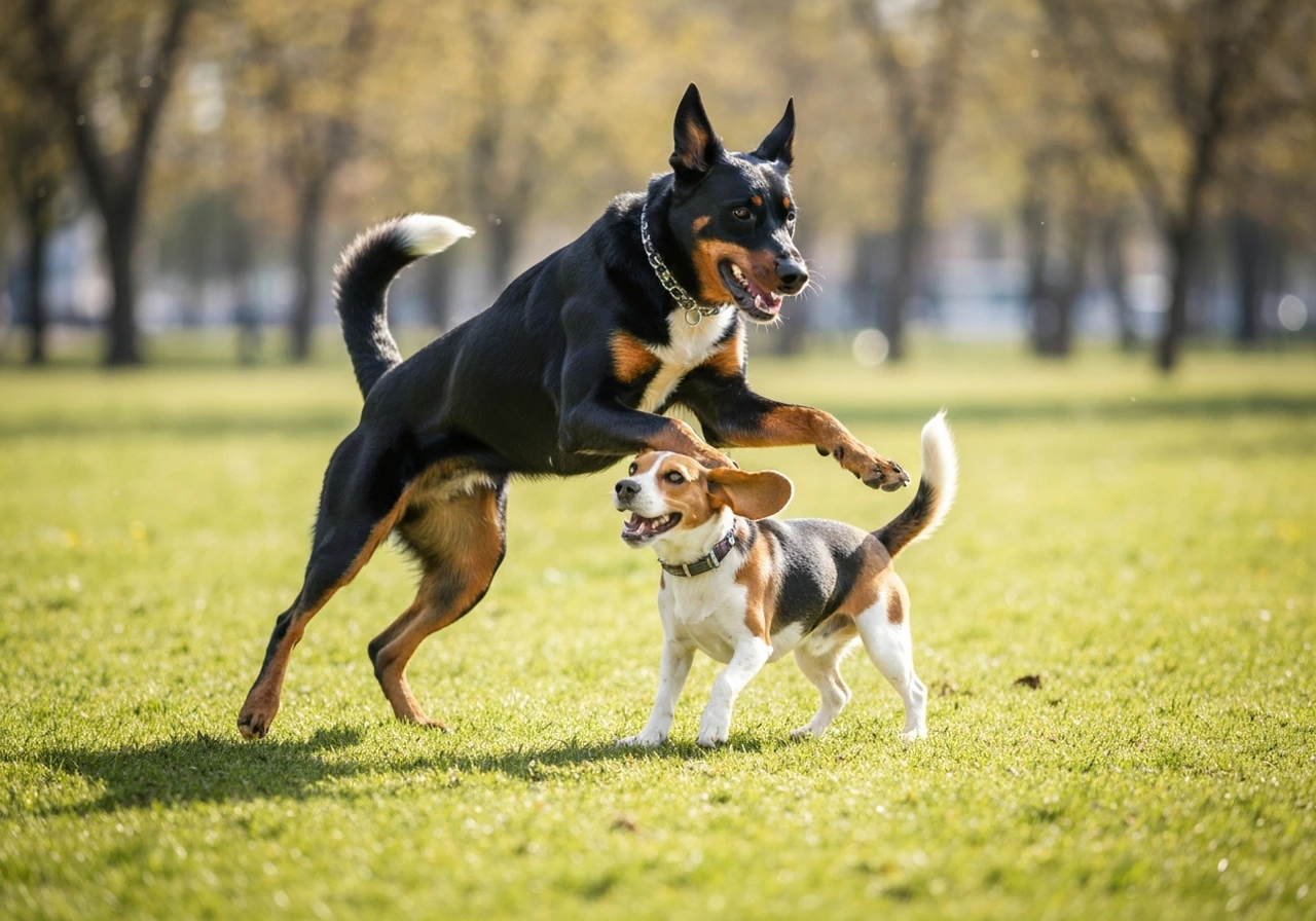 Working dogs socializing together showing stable social temperament and appropriate interdog behavior in a group setting